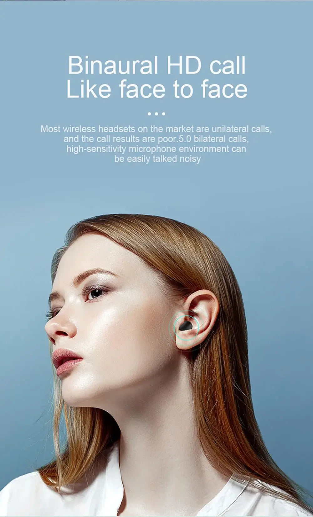 Woman using TWS A6S Bluetooth earbuds for binaural HD calls, emphasizing clear sound quality.