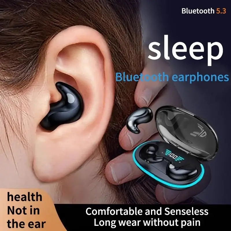 NEW X55 Wireless Sleep Earphones in ear, showcasing Bluetooth 5.3 technology and charging case.