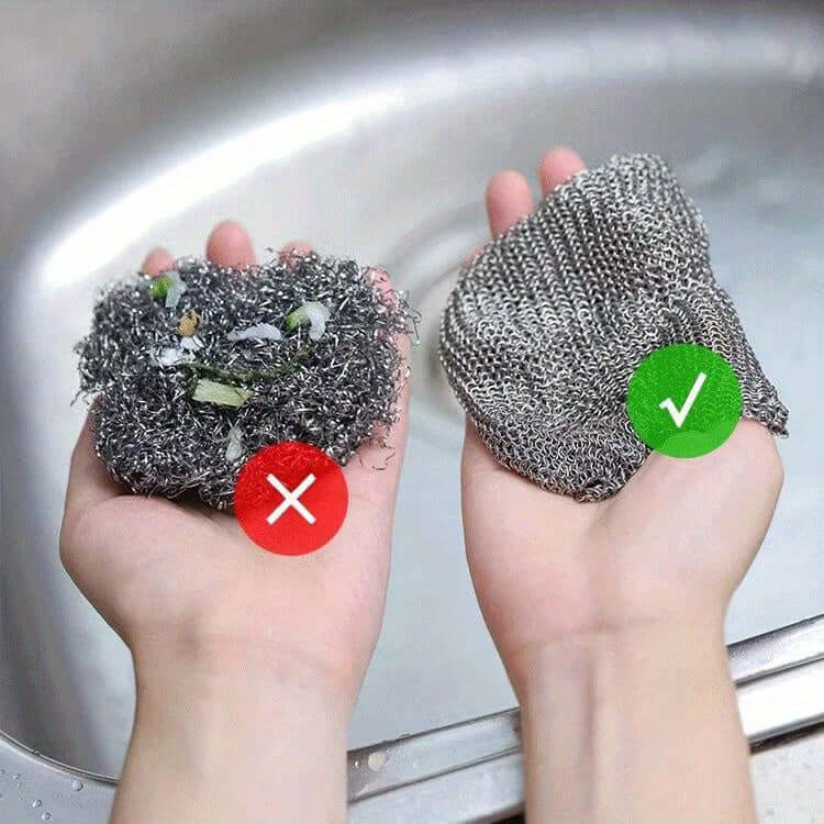 Comparison of a dirty metal scrubber and a clean Non-Stick Oil Iron Dishwashing Cloth in hands over a sink.