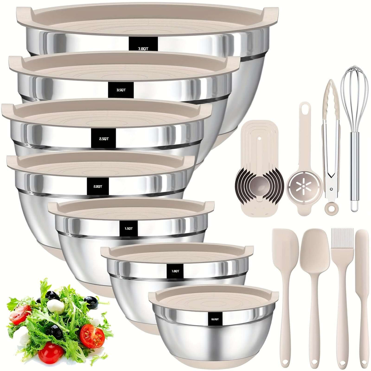20-piece stainless steel mixing bowls set with lids, polished finish, perfect for cooking and baking, includes kitchen utensils.