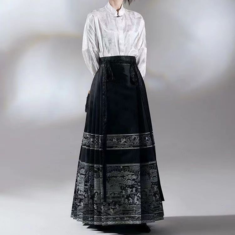 Traditional Hanfu outfit featuring a black Horse Face skirt, paired with a white blouse, elegant and stylish.