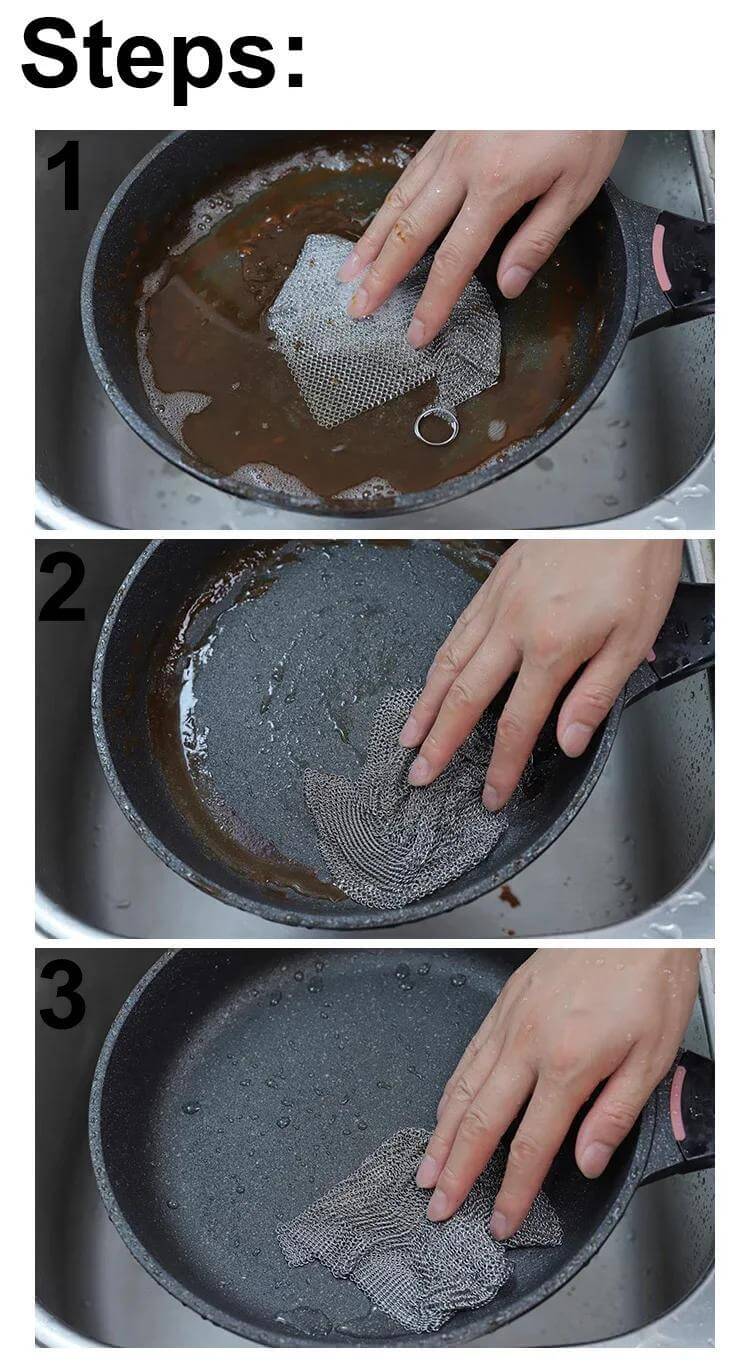 Step-by-step guide on using non-stick oil iron dishwashing cloths on a dirty pan.