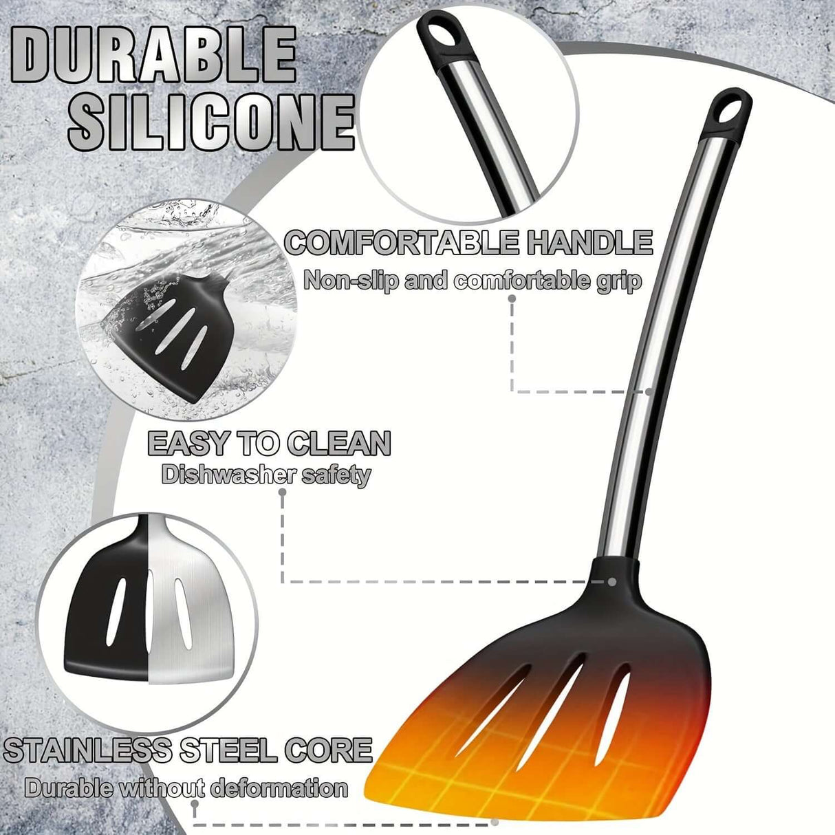 Durable silicone spatula with comfortable handle and stainless steel core, easy to clean, for versatile kitchen use.