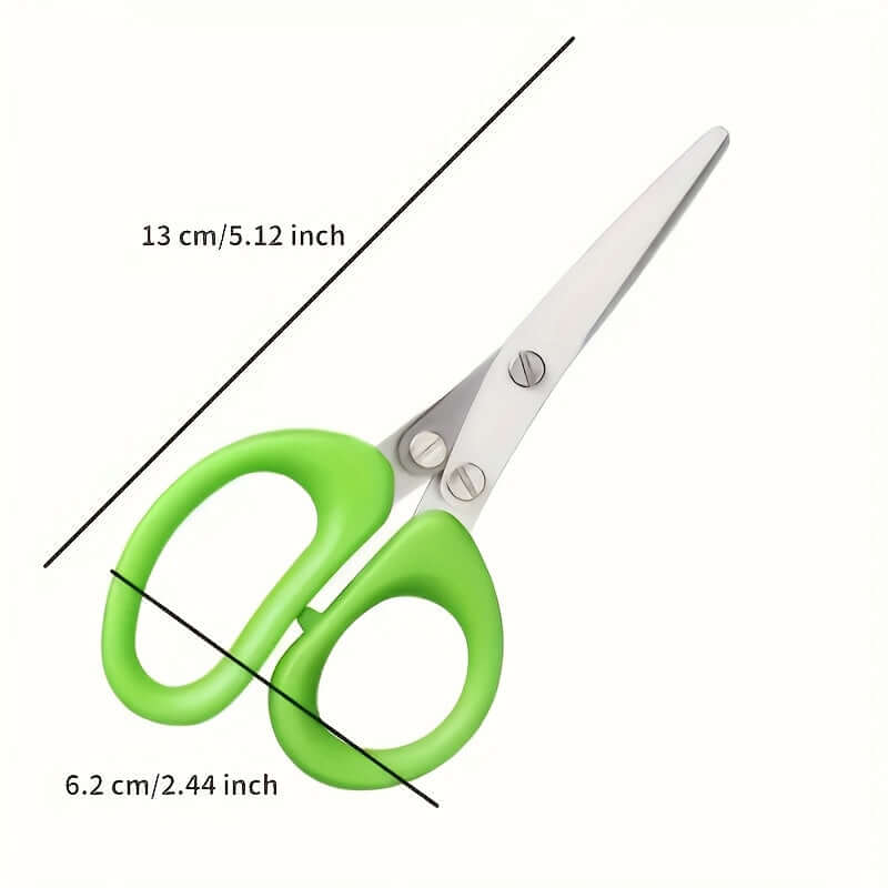 Durable stainless steel kitchen scissors with green handles, dimensions 13 cm long and 6.2 cm wide, ambidextrous design.