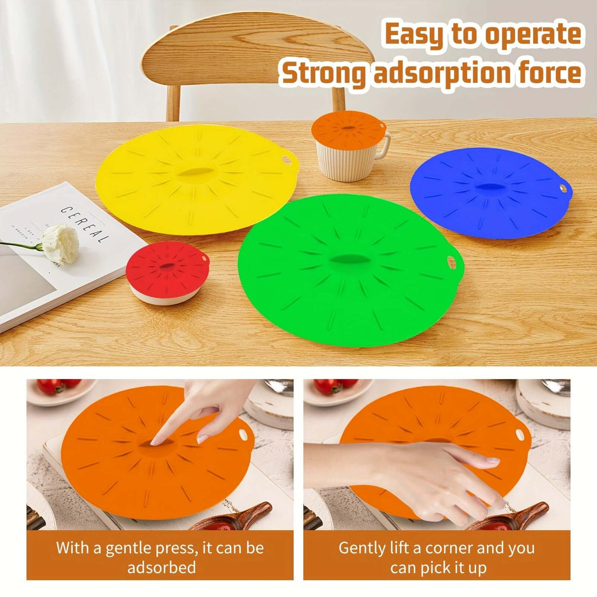 Colorful silicone bowl lids in various sizes, demonstrating strong adsorption force and ease of use on a table.