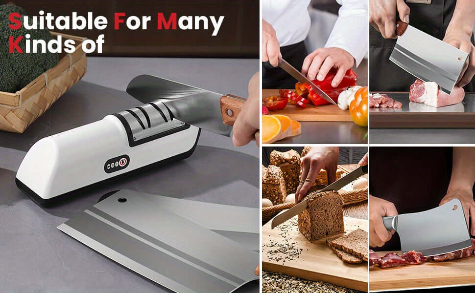 2-stage electric knife sharpener suitable for various knives, featuring USB rechargeable battery and sleek design for efficient sharpening.