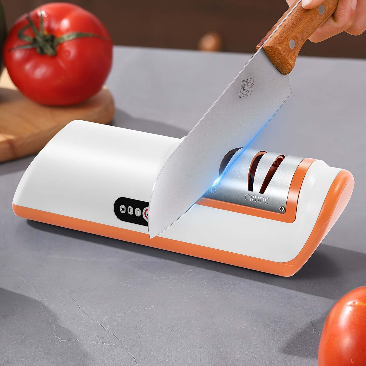 2-stage electric knife sharpener with USB rechargeable battery and ergonomic design, perfect for maintaining sharp blades.