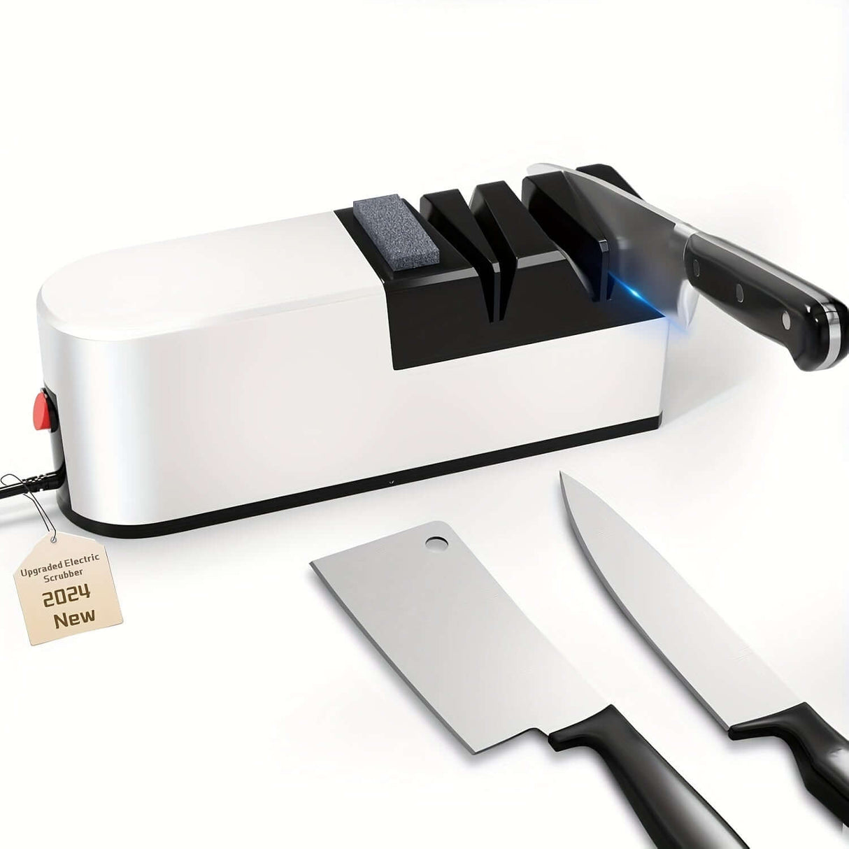 2-Stage Electric Knife Sharpener by ZERNBER, USB rechargeable, suitable for all knife types, sleek design, kitchen essential.