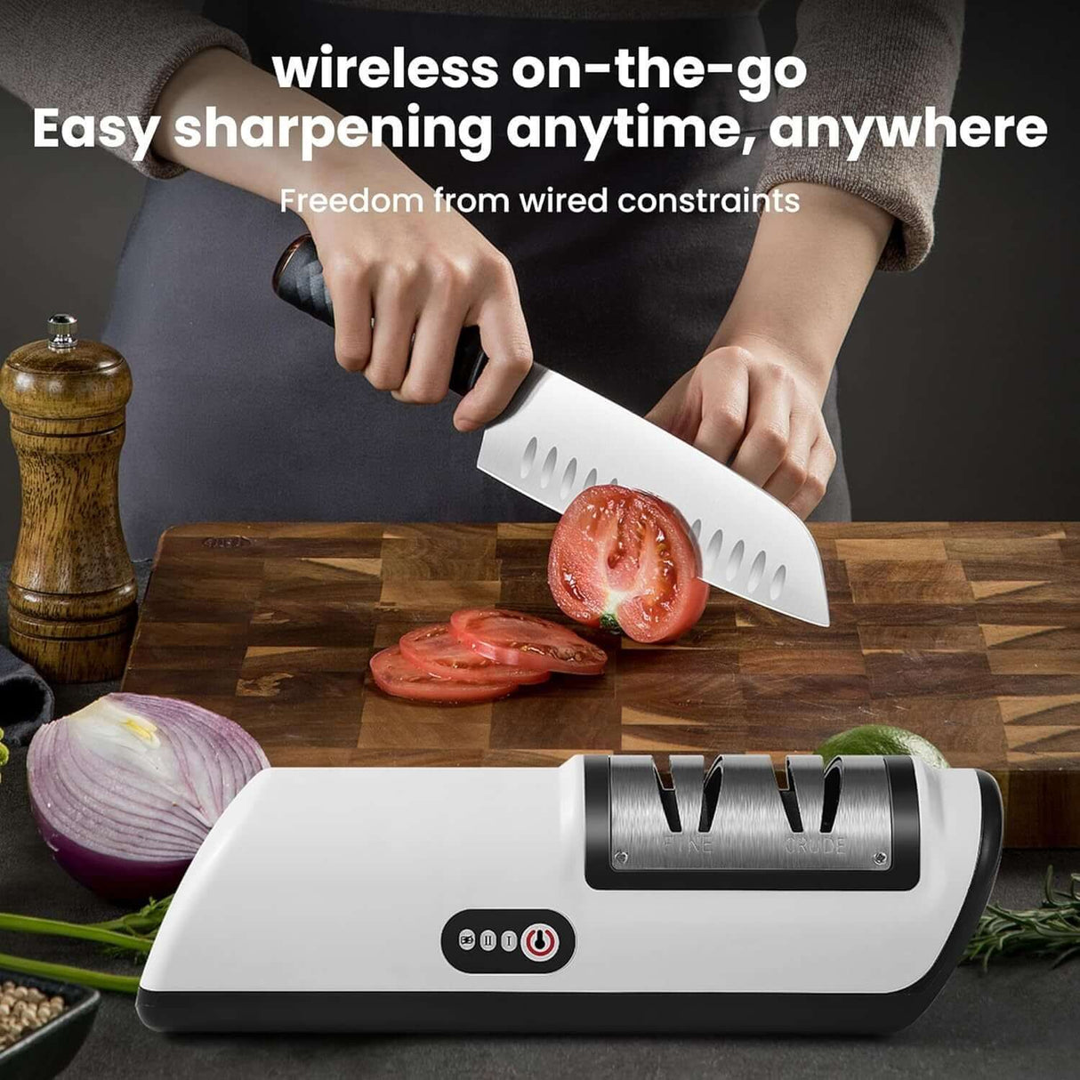 2-Stage electric knife sharpener in use, designed for wireless sharpening with USB rechargeable feature.