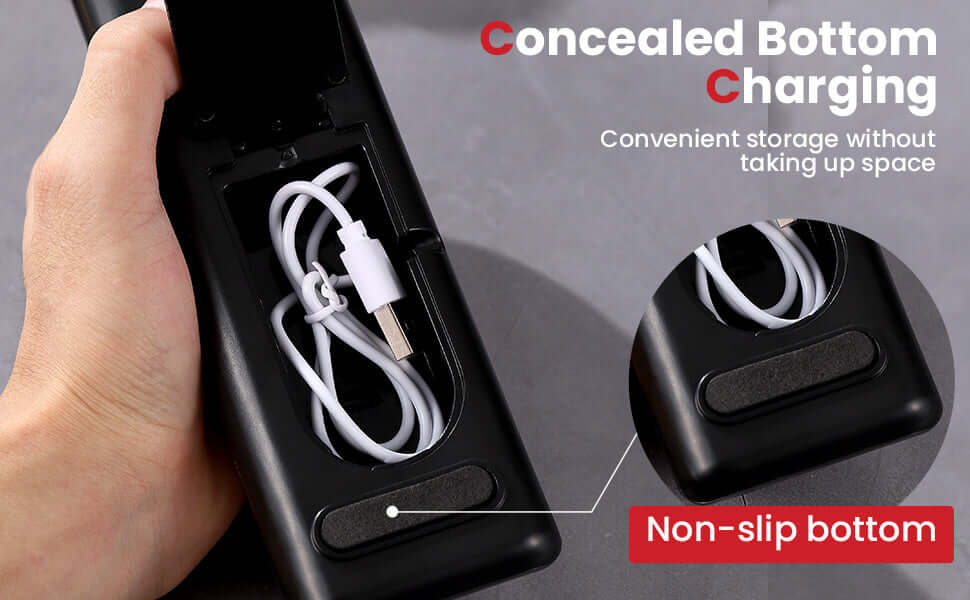 2-Stage Electric Knife Sharpener showing concealed charging compartment and non-slip bottom for easy use and storage.