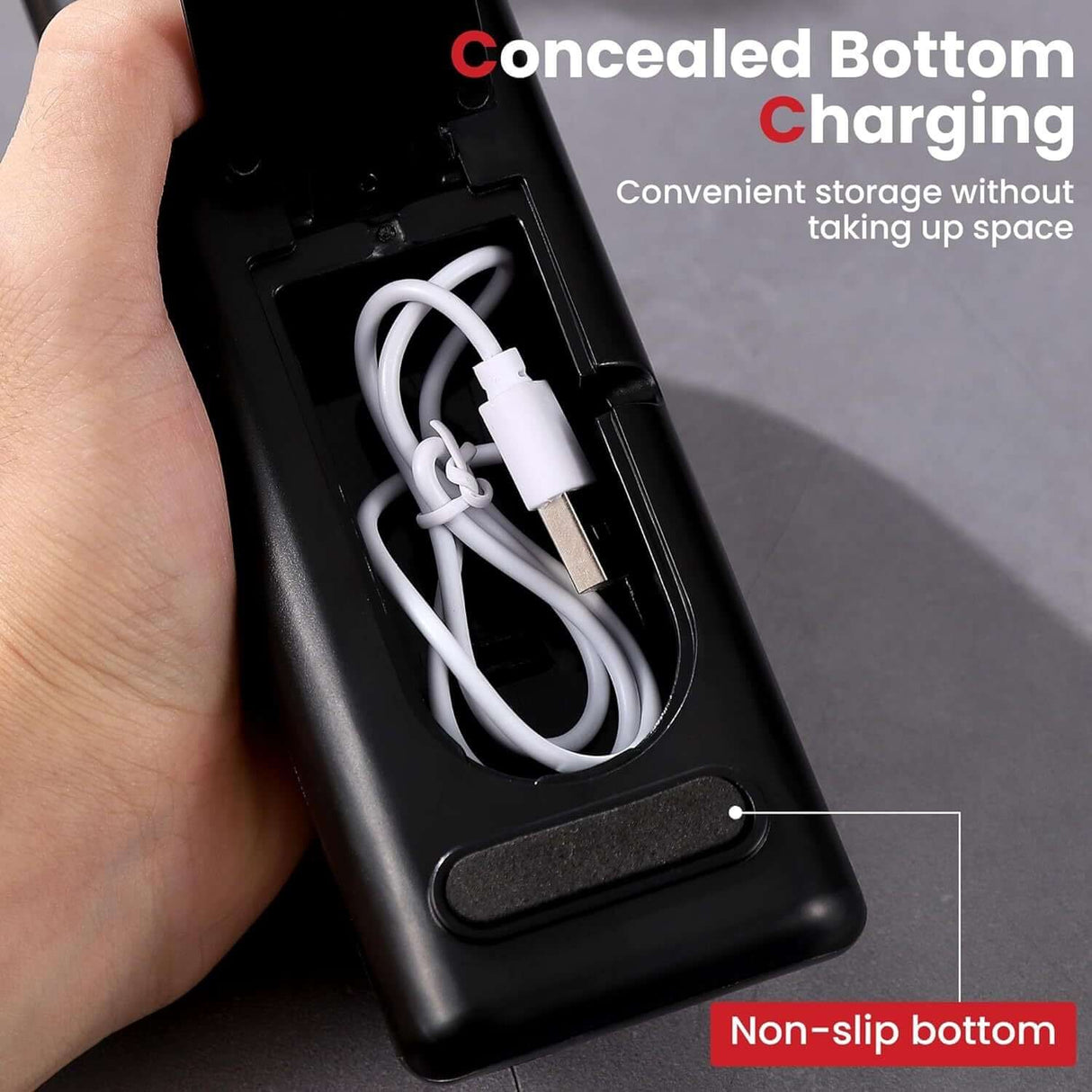 Concealed bottom charging in 2-stage electric knife sharpener for convenient storage and non-slip design.