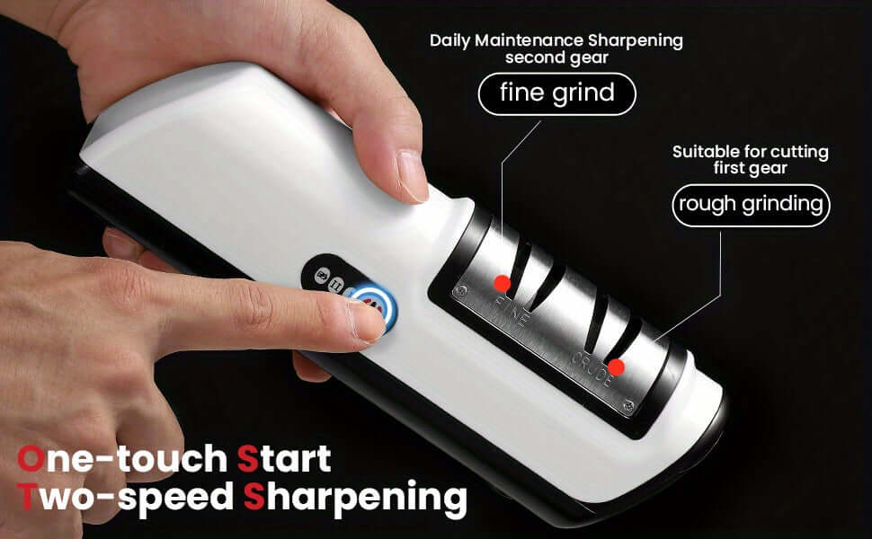 2-stage electric knife sharpener with one-touch start and two-speed sharpening features for fine and rough grinding.