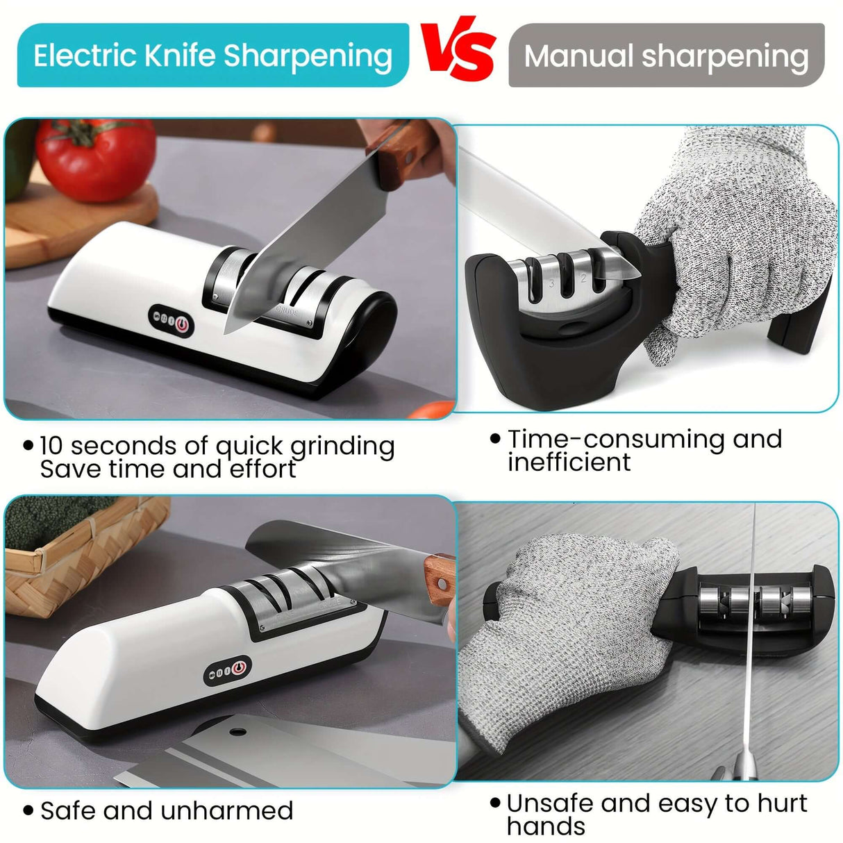 Comparison of Electric Knife Sharpening vs Manual with benefits like quick grinding and safety features.