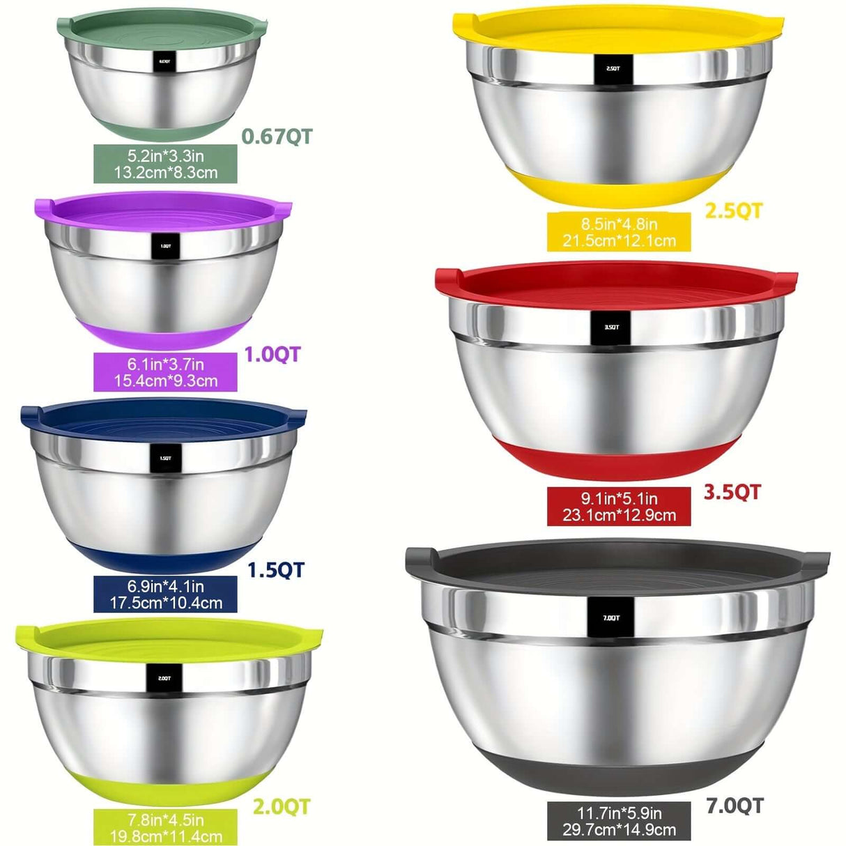 20pcs stainless steel mixing bowls in various sizes with lids, ideal for cooking and food storage.