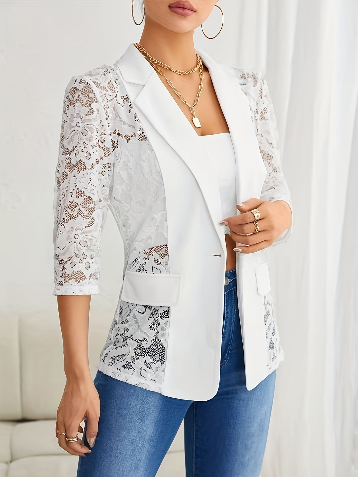 Sheerlace™ – Open Front Lace Blazer (Elegant 3/4 Sleeve, Sheer Look, Washable)