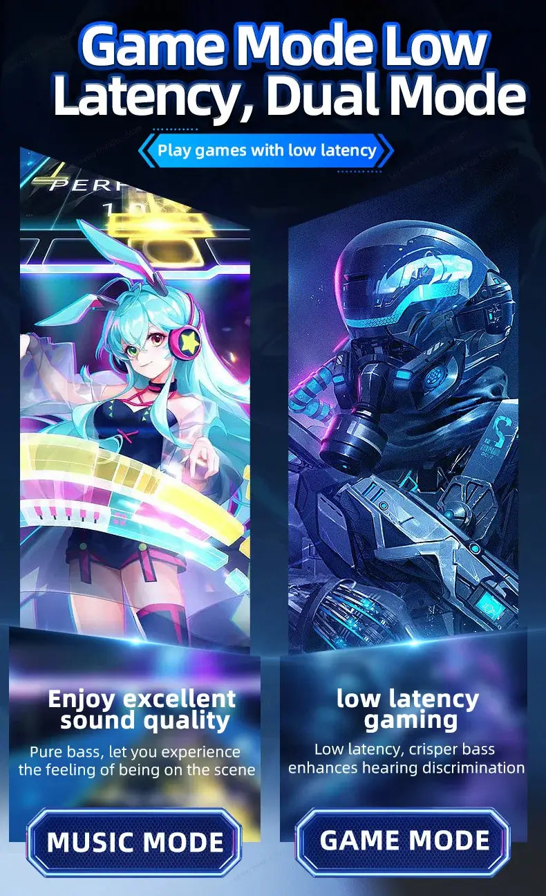 Graphic showcasing Game Mode and Music Mode features emphasizing low latency and high sound quality.