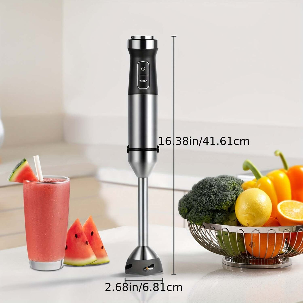 GDOR 6-In-1 Immersion Blender with powerful 1000W motor, shown with smoothie and fresh fruits in a kitchen setting.