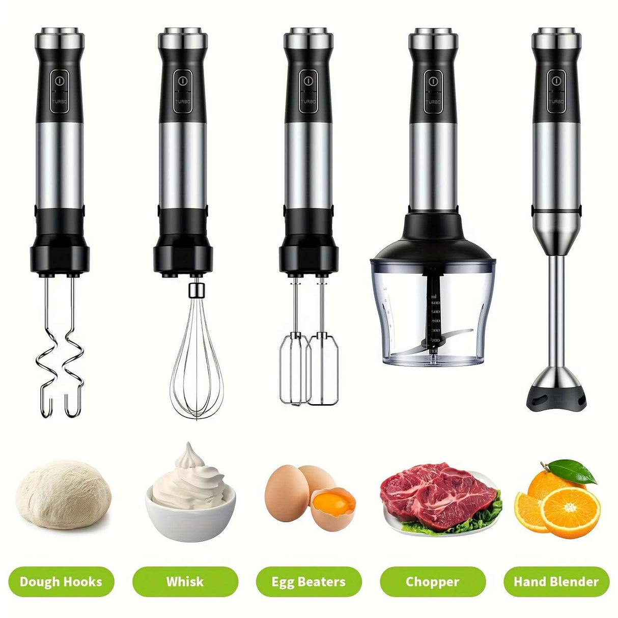 GDOR 6-in-1 Immersion Blender set with attachments for mixing, chopping, and blending ingredients.
