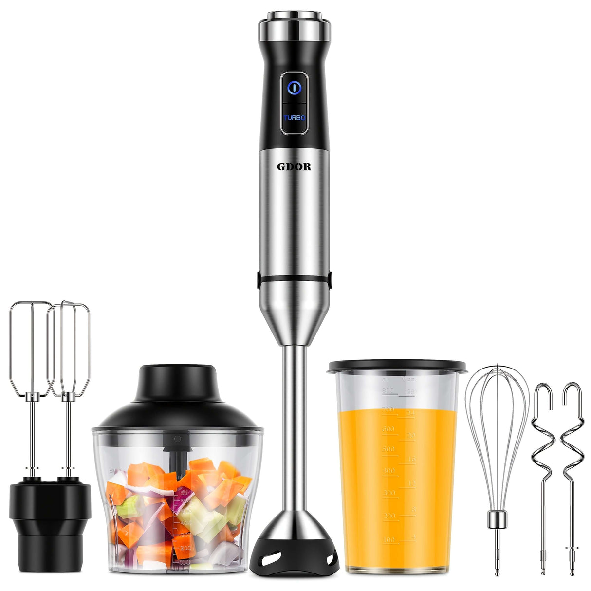 GDOR 6-In-1 immersion blender, 1000W mixer with attachments for chopping, whisking, and blending in sleek metal finish.