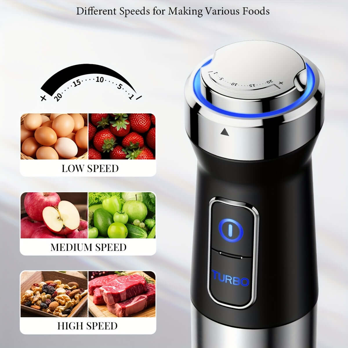 GDOR 6-In-1 Immersion Blender showing speed settings for eggs, vegetables, and meat - versatile cooking tool.