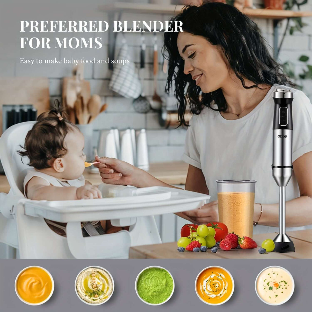 GDOR 6-In-1 Immersion Blender in use; woman feeding baby, showcasing easy soup and baby food preparation.