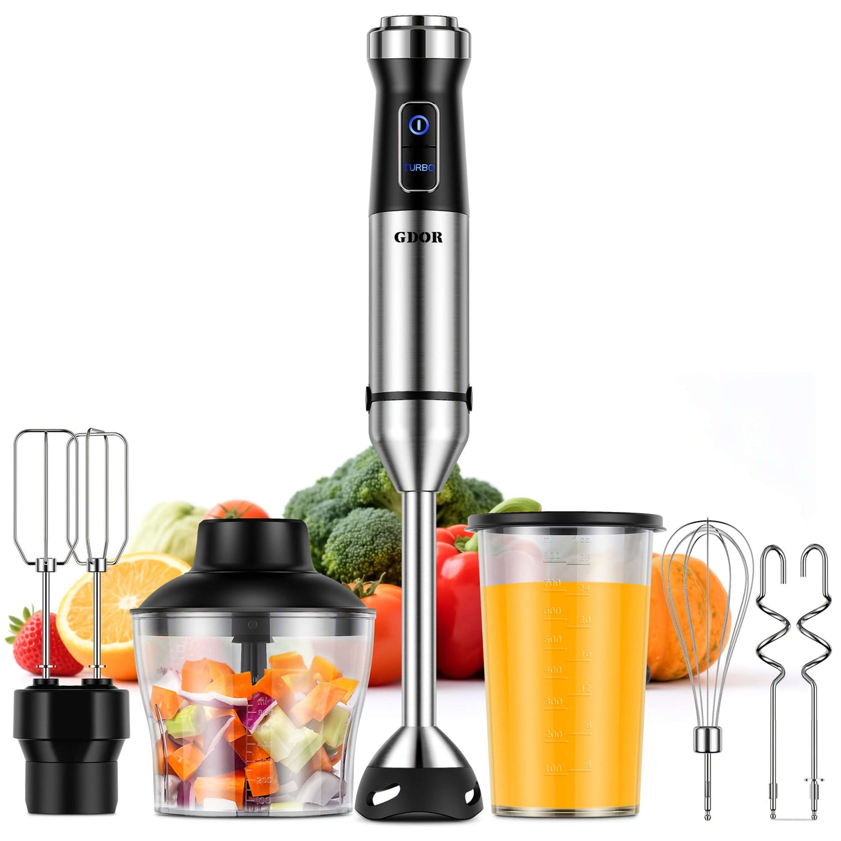 GDOR 6-in-1 immersion blender with mixer attachments, perfect for blending and food preparation, 1000W powerful design.