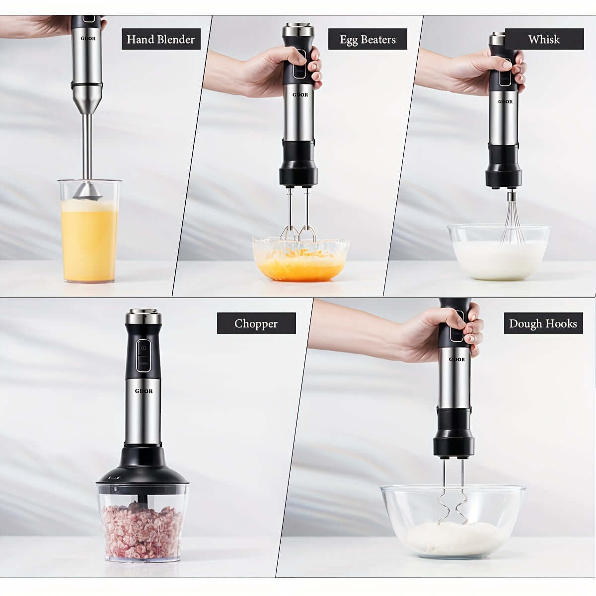 GDOR 6-In-1 Immersion Blender showcasing its hand blender, egg beaters, whisk, chopper, and dough hooks in a modern kitchen setting.