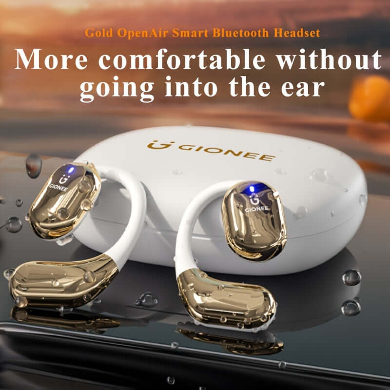 Gionee Gold OpenAir Smart Bluetooth Headset with charging case, designed for comfort without in-ear fit.