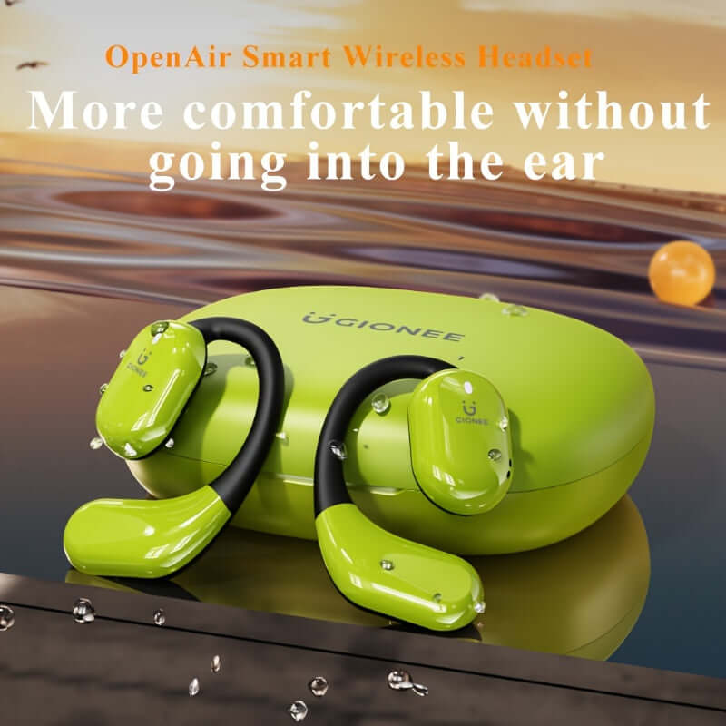 Gionee OpenAir Smart Wireless Headset in green, designed for comfort without ear insertion, featured on a reflective surface.
