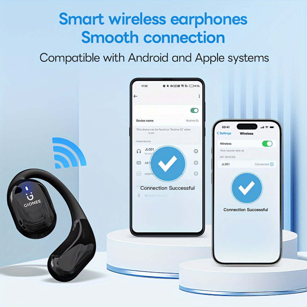 Gionee wireless headphones showcasing smooth connection with Android and Apple devices.
