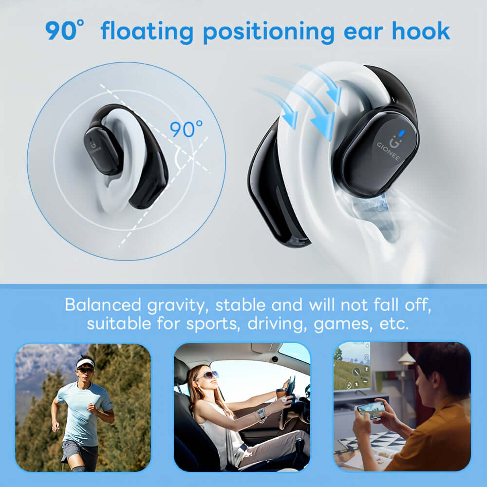 90° floating positioning ear hook, stable and secure for sports, driving, and gaming.