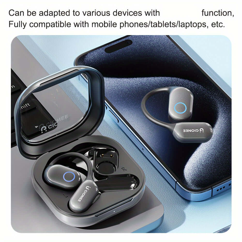 Gionee wireless headphones displayed next to a smartphone, highlighting compatibility with various devices.