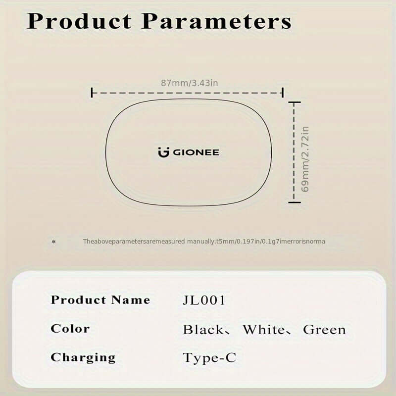 Gionee JL001 product parameters with dimensions and available colors: black, white, green, charging via Type-C.