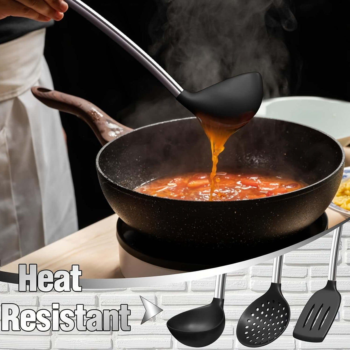 Heat resistant silicone ladle pouring soup from a pan, showcasing SKROAM kitchen utensils set in use.