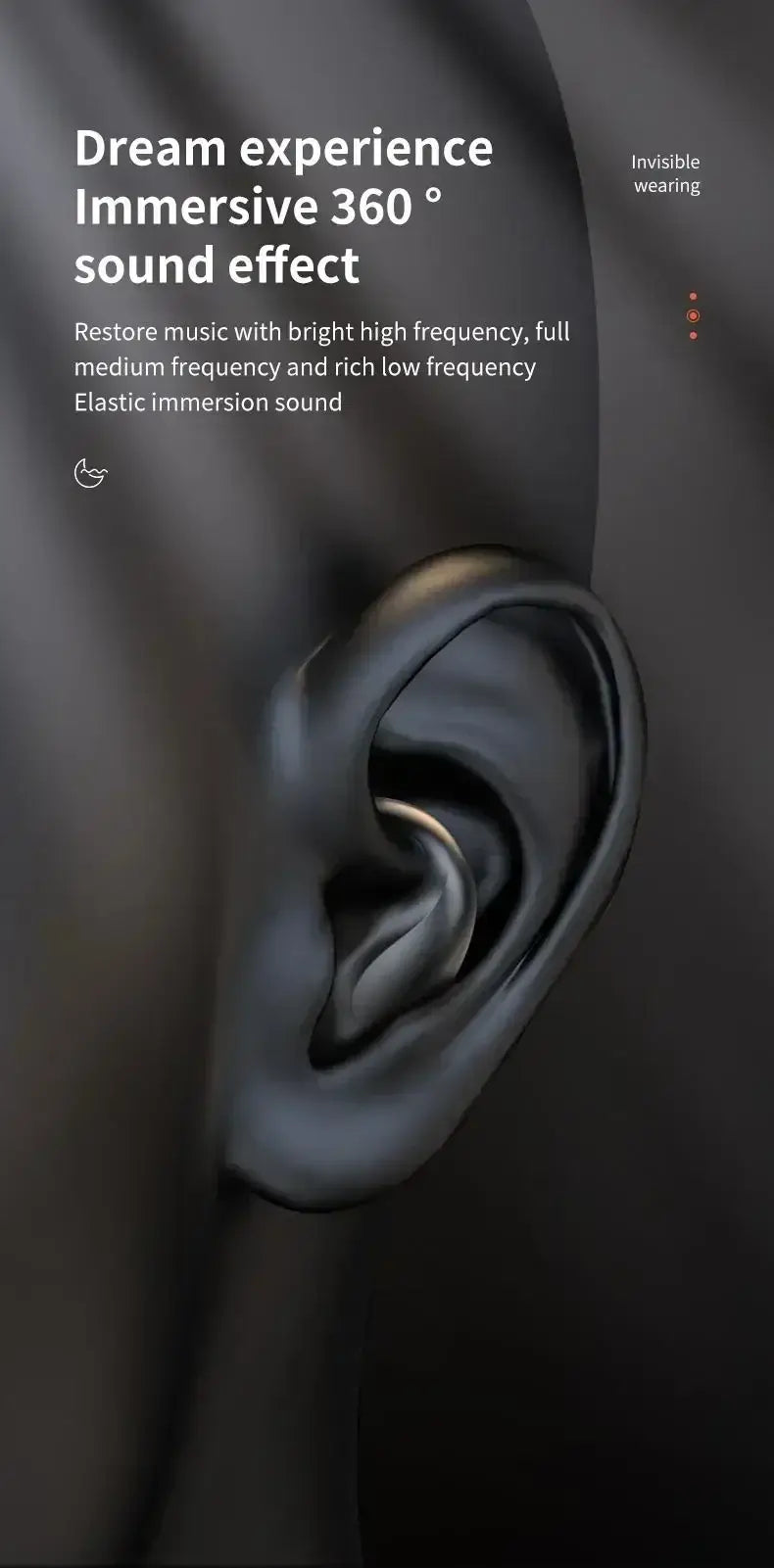 Close-up of an ear showcasing immersive 360° sound effect for a high-quality audio experience.