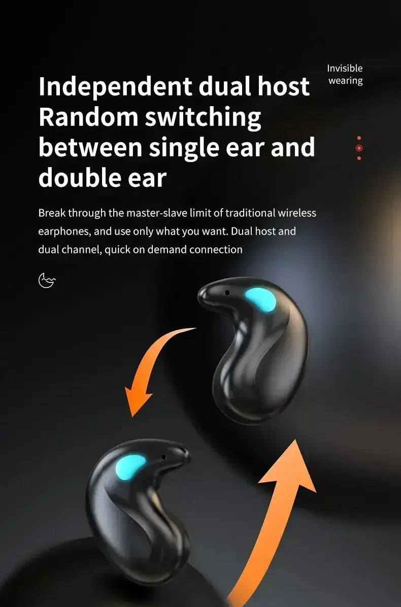 Dual host wireless earphones enabling single or double ear use, showcasing innovative design and technology.