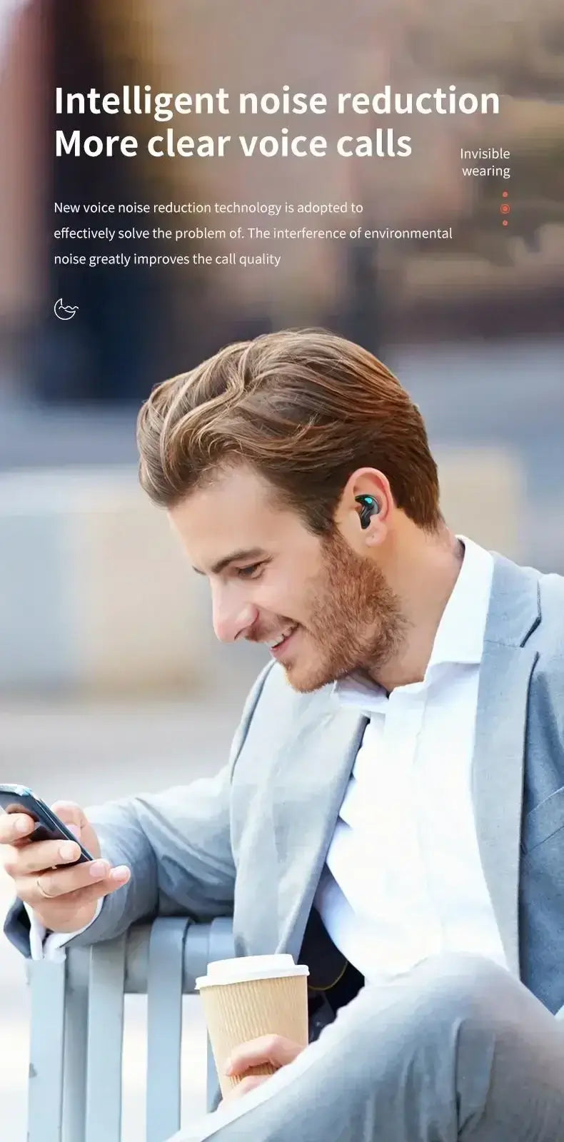 Man using NEW X55 Wireless Sleep Earphones while holding coffee, showcasing intelligent noise reduction technology.