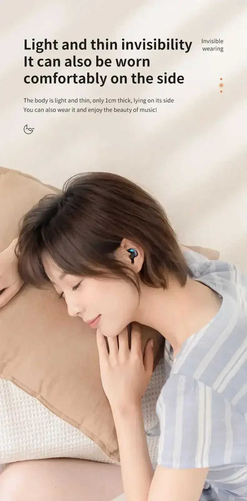 Woman wearing lightweight DIXSG X55 Wireless Sleep Earphones comfortably, showcasing their sleek design and noise reduction features.