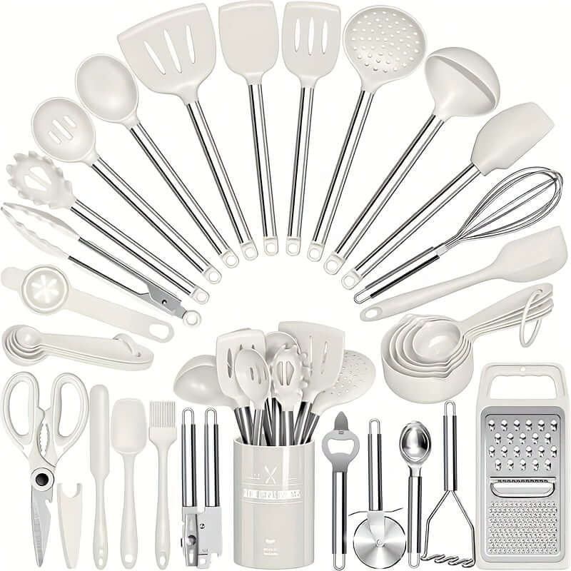 34-piece silicone kitchen utensils set by SKROAM featuring various tools organized in a container, ideal for cooking and baking.