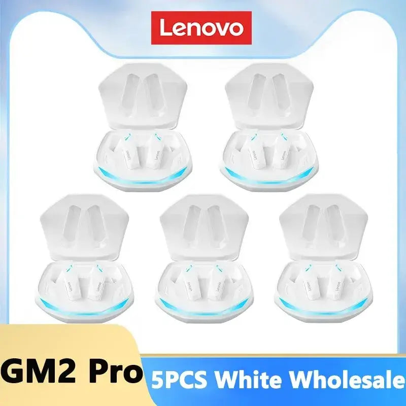 Lenovo GM2 Pro Bluetooth earphone charging cases, five units in white, ideal for wholesale purchases.