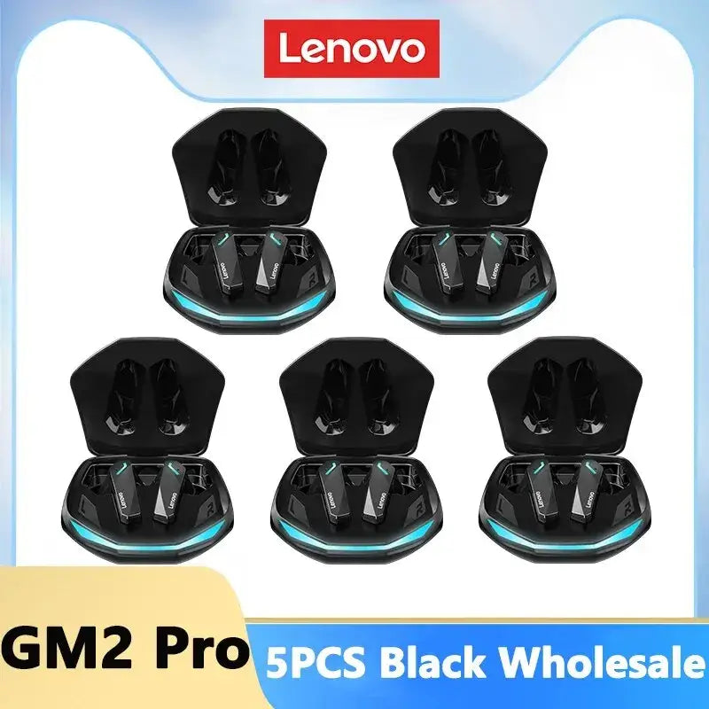 Lenovo GM2 Pro Bluetooth 5.3 Earphones in charging cases, showcasing 5PCS black wholesale option.