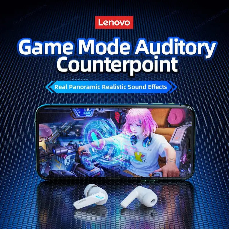 Lenovo GM2 Pro Bluetooth earphones with gaming mode showcasing immersive sound effects on smartphone.