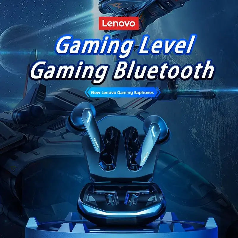 Lenovo gaming Bluetooth earphones with charging case, designed for immersive gaming experience.