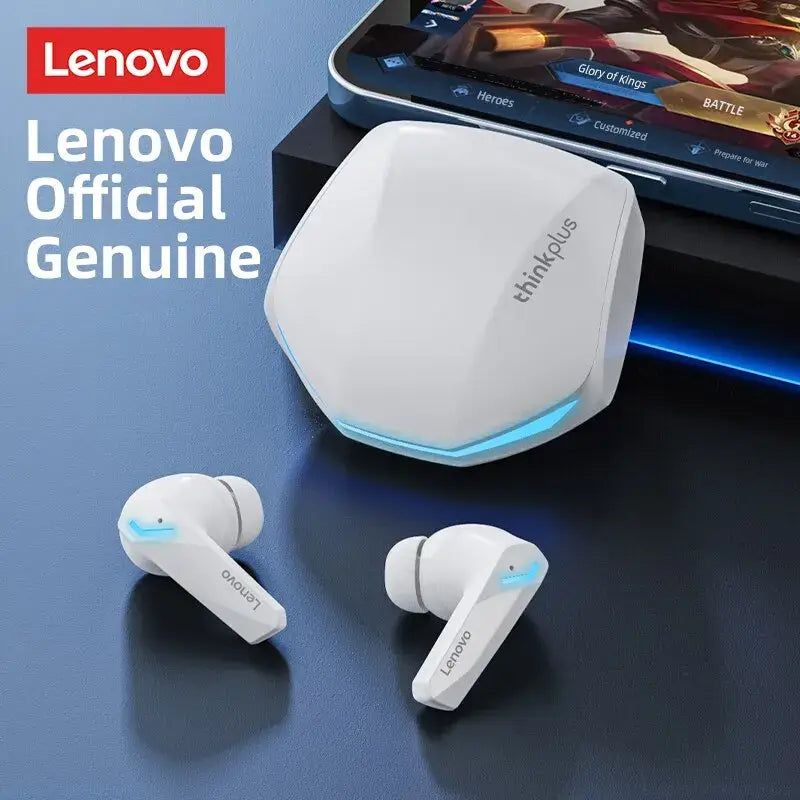 Lenovo GM2 Pro Bluetooth earphones with charging case, showcasing sleek design for sports and gaming.
