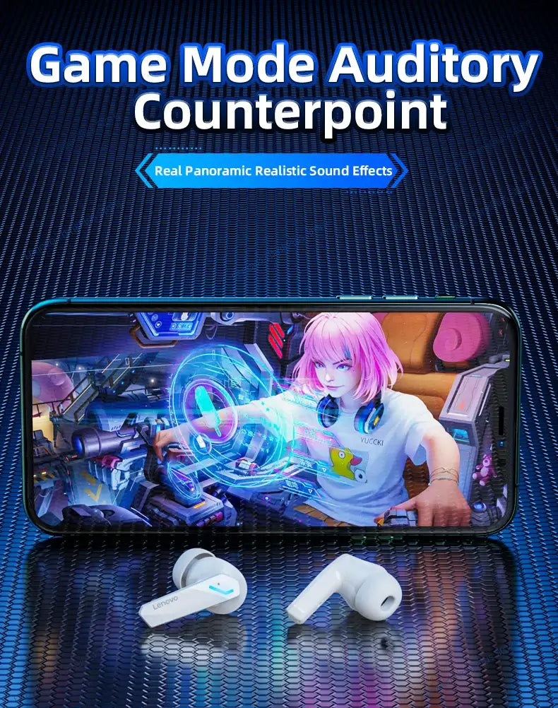 Lenovo GM2 Pro Bluetooth earphones showcased next to a gaming phone, emphasizing immersive sound effects.