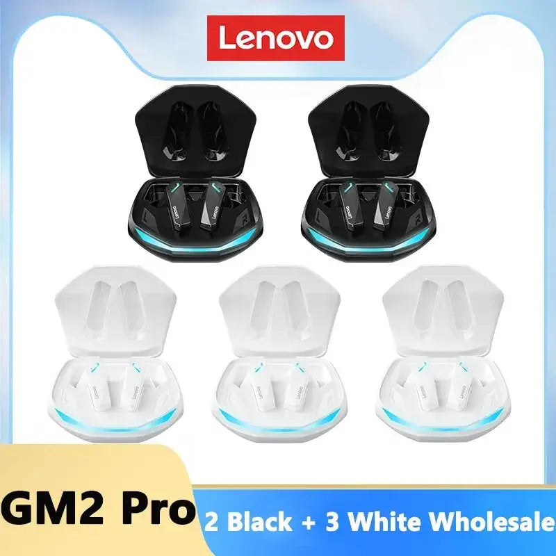 Lenovo GM2 Pro Bluetooth earphones charging cases in black and white, showcasing sleek design and versatile options.