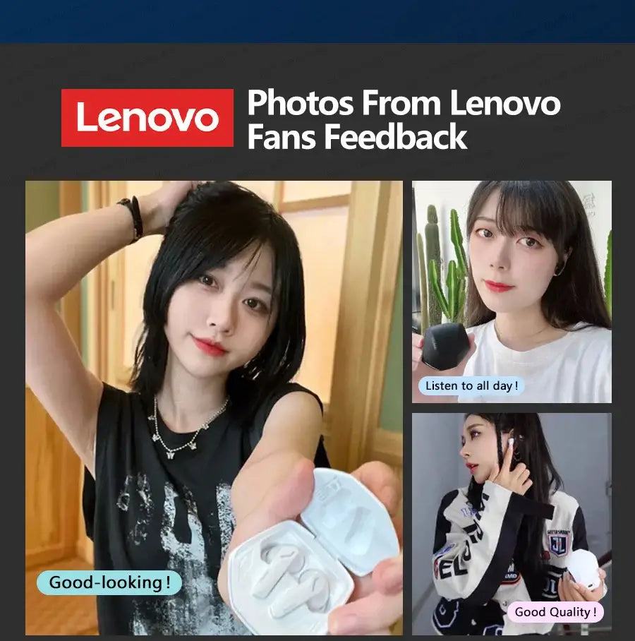 Lenovo fan feedback collage showcasing earbuds, highlighting style and sound quality.