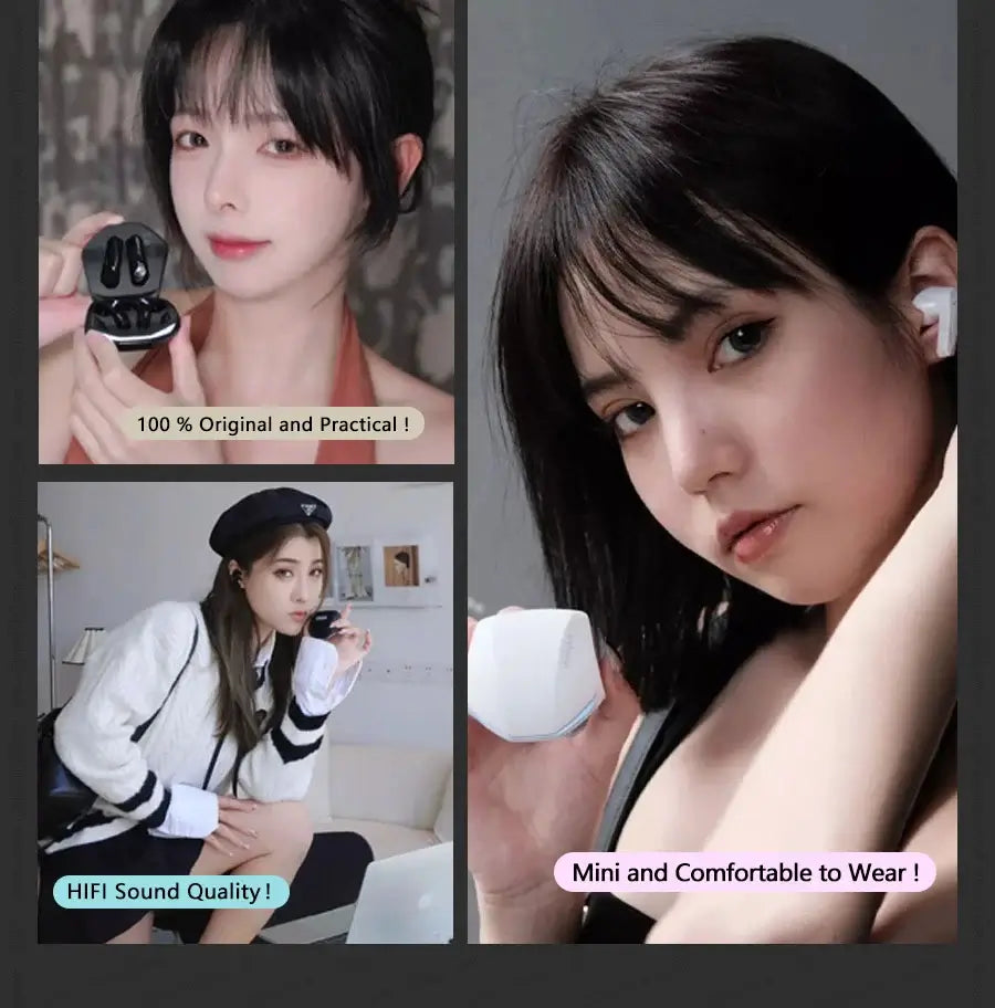 Collage of women showcasing Lenovo GM2 Pro Bluetooth earphones, highlighting features like HIFI sound quality and comfort.