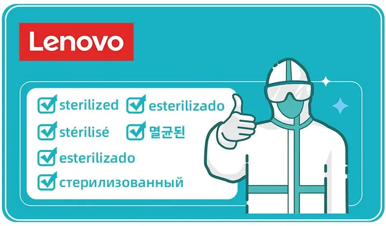 Lenovo sterilization checklist with multilingual terms and a person in protective gear giving a thumbs up.