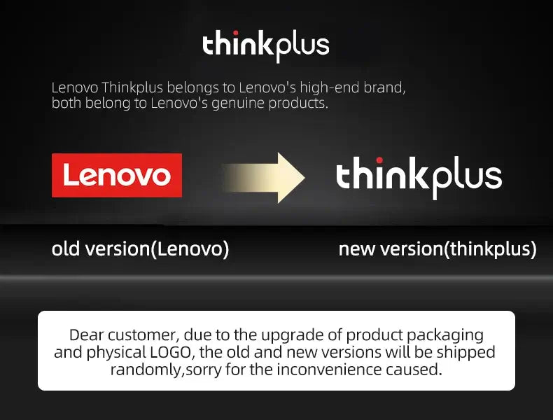 Lenovo Thinkplus branding update showing old and new logos with notice about packaging changes.
